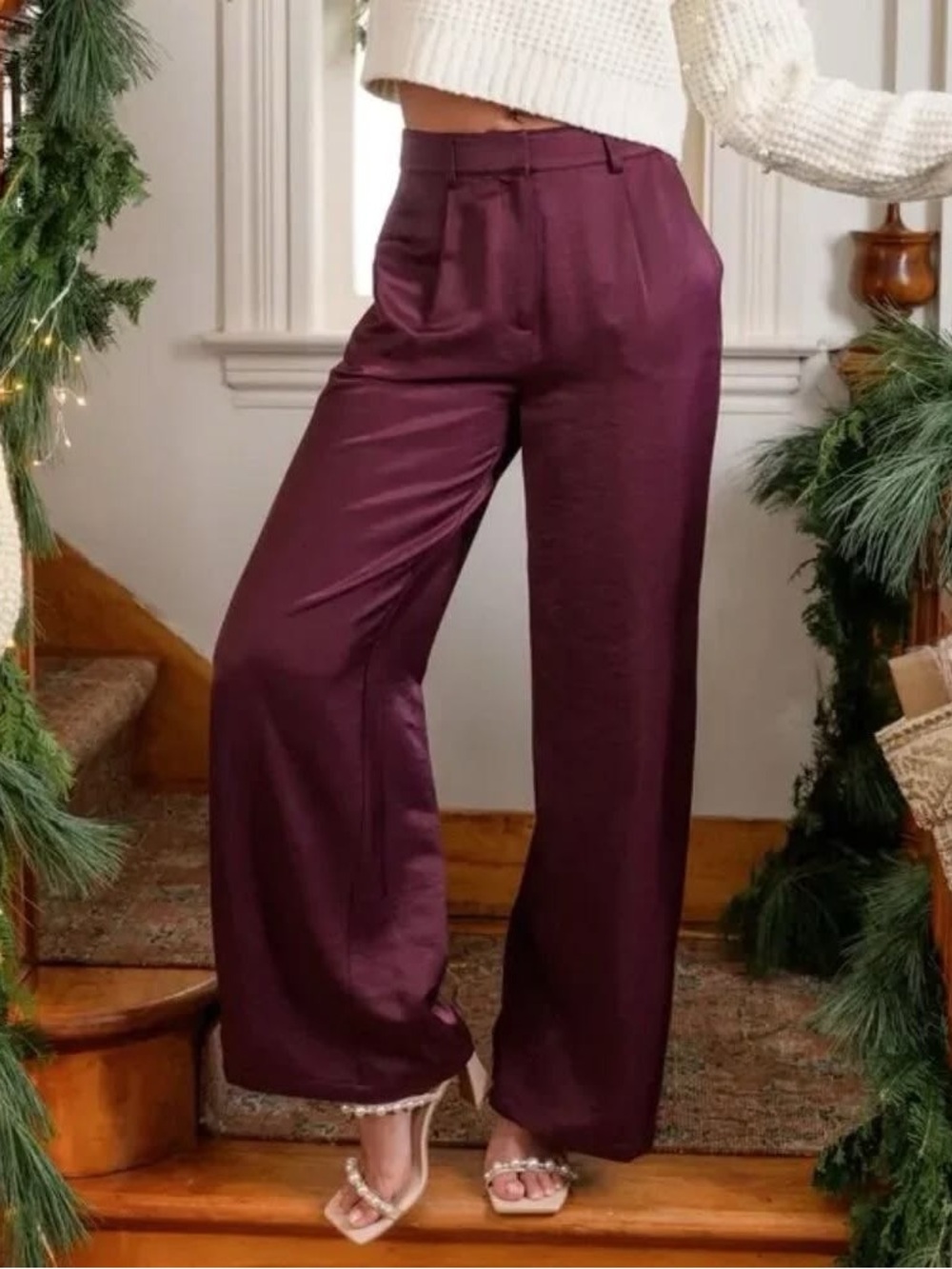 Altar'd State Burgundy Wine Flowy Wide Leg Satin Trouser Pants Size XL Maroon